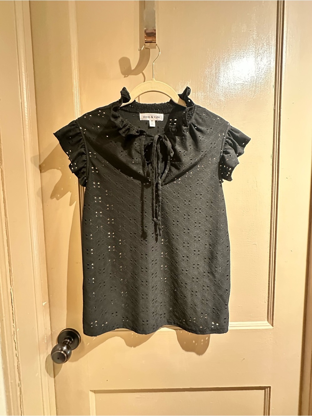 Stem & Vine Black Eyelet Ruffle Tie-Neck Blouse